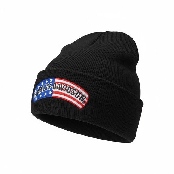 Harley Davidson Skull Knit Cap American Flag Patch Black Beanie - Picture 3 of 9